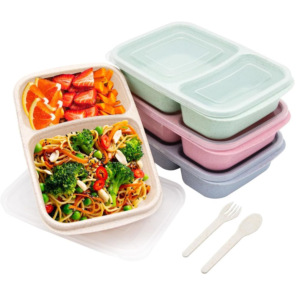 Meal Prep Container - 4パック弁当箱、2つのコンパートメント付き食事準備容器、蓋付き、電子レンジ＆食洗機対応、再利用可能な仕切り付き食品保存容器