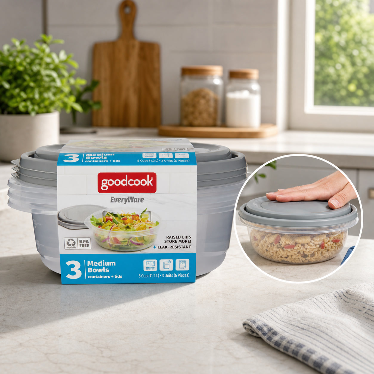 Meal Prep Container - 6個入り丸型5カップ食品保存容器（蓋付き）、グレーのプラスチック製ボウル、食事の準備、パントリー、残り物用