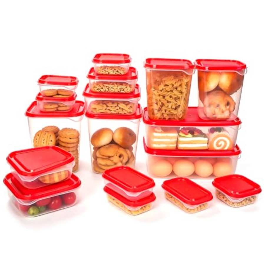 Meal Prep Container - 17個入りプラスチック食品保存容器セット、赤い通気蓋付きBPAフリー、持ち運び可能な食品保存容器、食事の準備、残り物、キット用