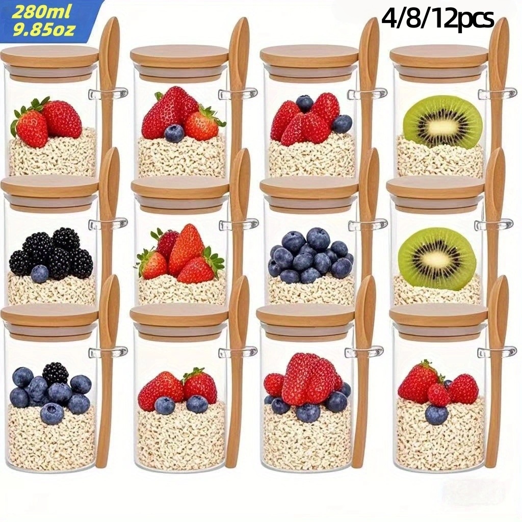 Meal Prep Jars With Lids - 4/8/12個入り、蓋付きオートミール朝食カップ（9.85オンス/280ml）、ミールプレップ容器、チアシード、プリン、ヨーグルトに適したガラス瓶