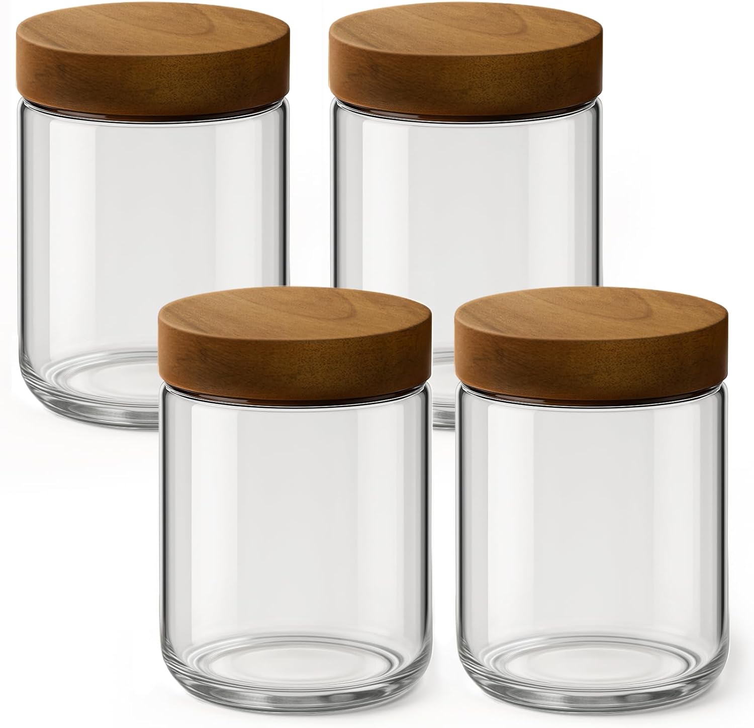 Meal Prep Jars With Lids - 16オンス 4個入り オーバーナイトオーツ用容器 蓋付き、ガラス製メイソンジャー アカシア材の密閉蓋付き、広口ミールプレップ保存容器