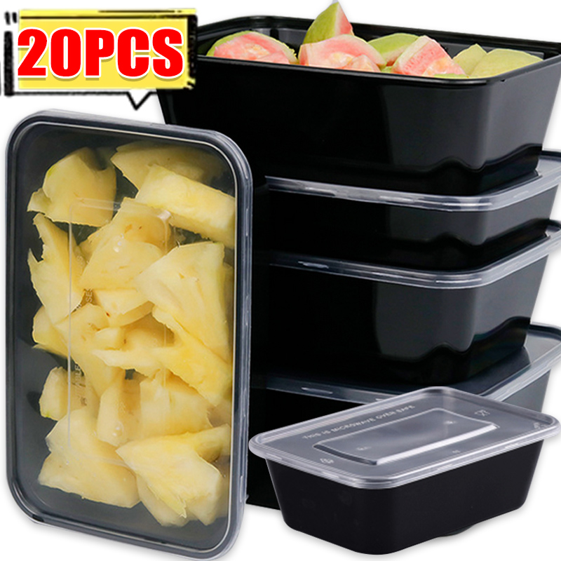 Meal Prep Jars With Lids - 10/20x 食品保存容器 蓋付き 食事準備容器 使い捨て漏れ防止 ブラックランチ弁当箱