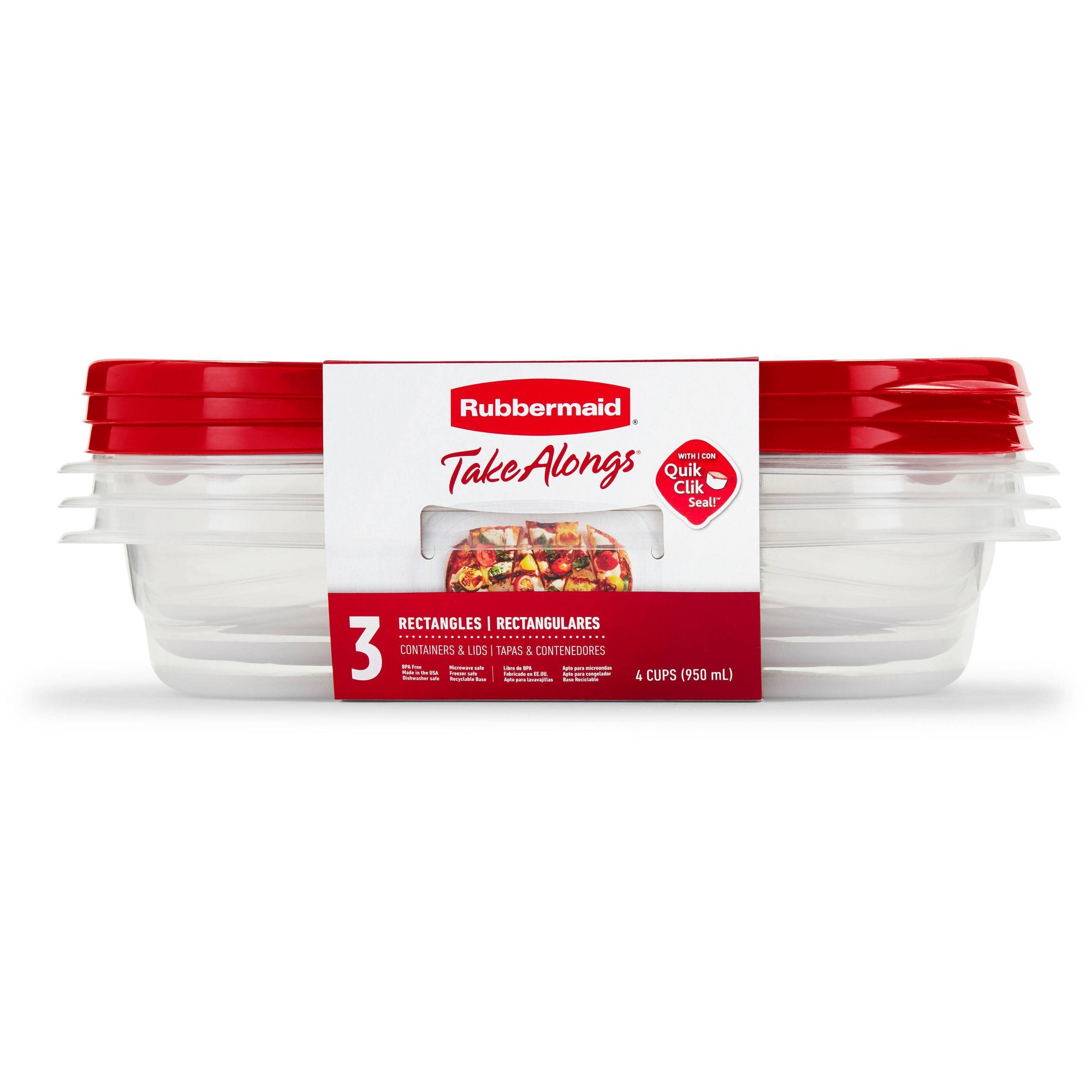 Meal Prep Container - 赤い長方形の食品保存容器3個（蓋付き）、4カップ用の再利用可能な食事準備ボックス（キッチンやランチ用）