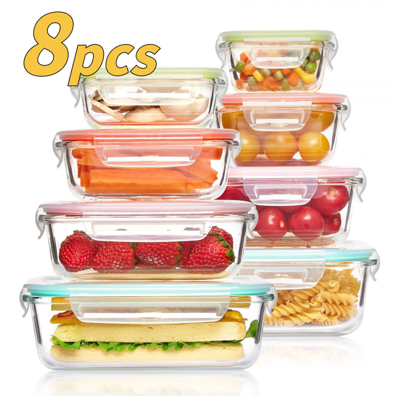 Meal Prep Glass Containers Oven Safe - 8個入り 密閉ガラス製食品保存容器 漏れ防止ロック蓋付き 電子レンジ・冷凍庫・食洗機対応 長方形ミールプレップ容器