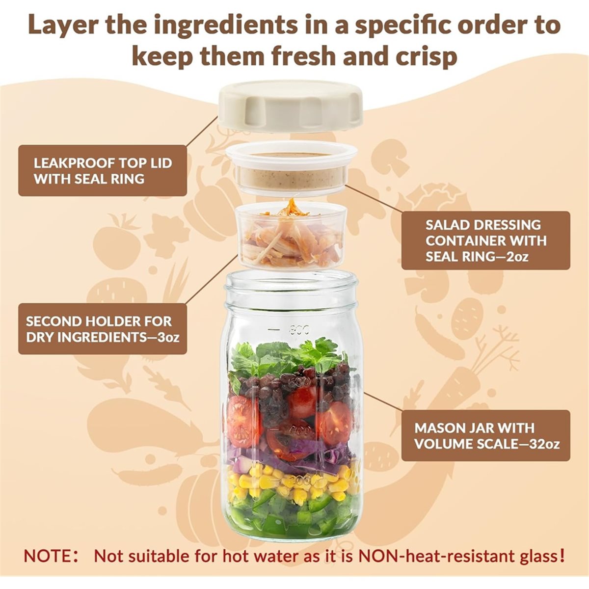 Meal Prep Jars With Lids - A67T 新型4個セットガラス製サラダジャー 蓋付き、食事準備用、サラダドレッシングや乾燥食材の乾湿分離に最適、32オンス メイソンジャー