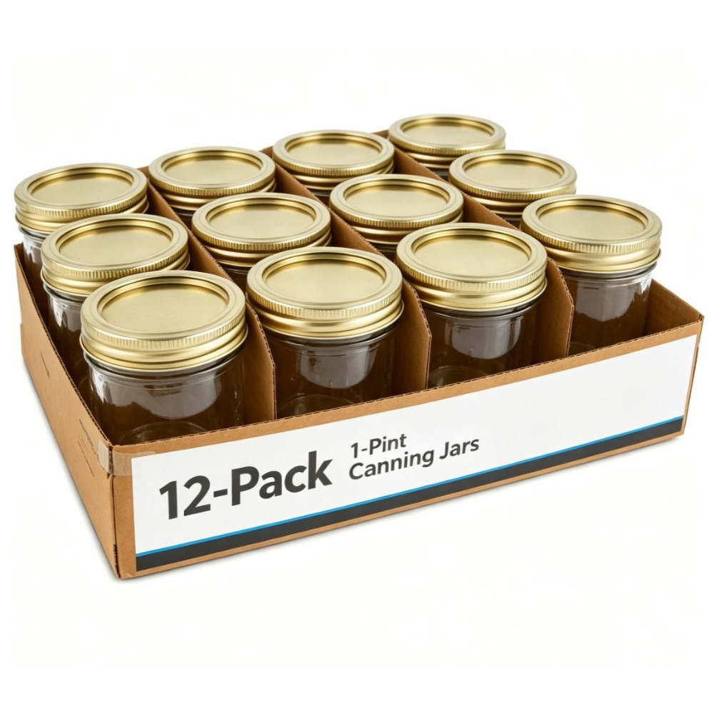 Meal Prep Jars With Lids - 12個入り 16オンス 広口ガラス製メイソンジャー ゴールド蓋＆スクリューリング付き 食品グレードBPAフリー エンボス加工目盛り付き