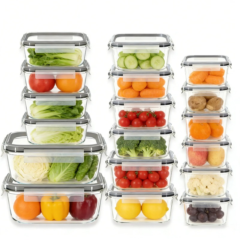 Meal Prep Jars With Lids - 18個入りガラス製食品保存容器セット、気密蓋付き、漏れ防止ガラス製ミールプレップ容器、積み重ね可能な食品保存ボックス、BPAフリー、ポータブル食品保存容器