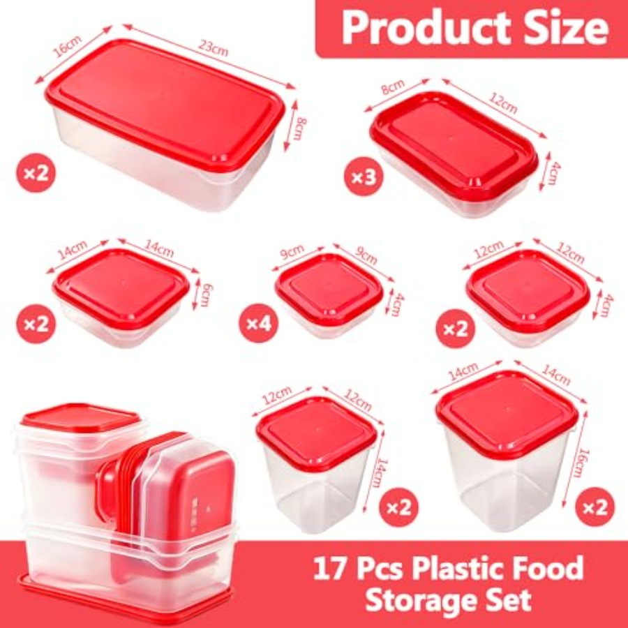 17個入りプラスチック食品保存容器セット、赤い通気蓋付きBP - Meal Prep Container のレビューと価格
