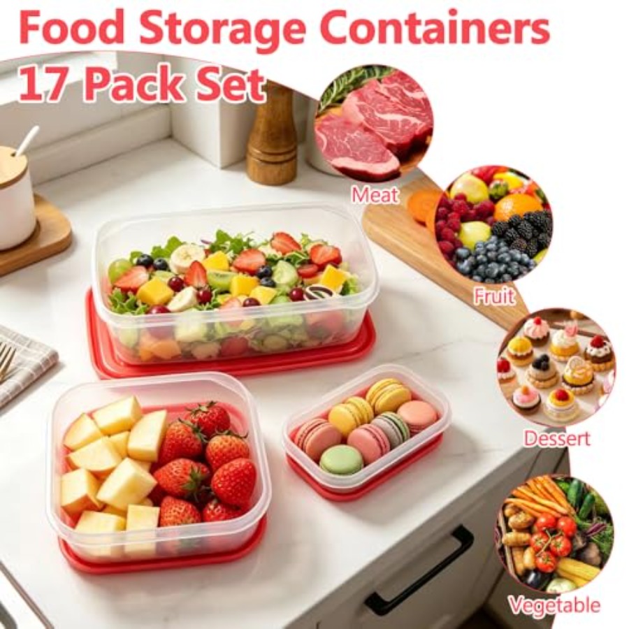 17個入りプラスチック食品保存容器セット、赤い通気蓋付きBP - Meal Prep Container のレビューと価格